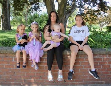 As a single mother of four, Tiffani Szabara is finding virtual school challenging for her two oldest daughters. They are (from left) Brinley, 4, first grader Cadence, 6, Emmarie, 1, and 7th grader Jaedlyn, 12. (Emma Lee/WHYY)