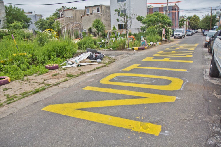 At the César Andreu Iglesias Community Garden in Kensington, the words “Not for sale” are painted on the street as a message to developers and the city. (Kimberly Paynter/WHYY)