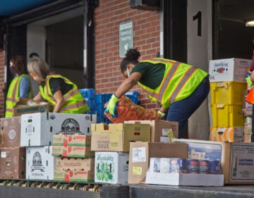 Philadbundance staff and volunteers were joined by DHS employees Friday to help load trucks of Philadelphia food for organizations in need. (Kimberly Paynter/WHYY)