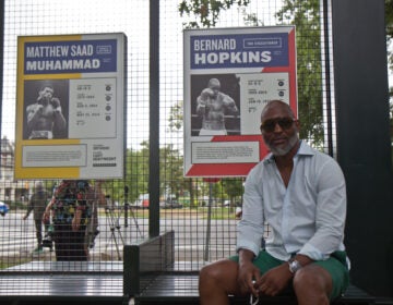 Boxing champion Bernard Hopkins is honored on the new signage at the Boxers' Trail in Fairmount Park. (Kimberly Paynter/WHYY)