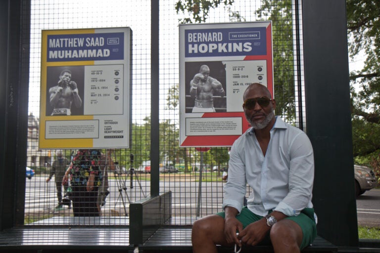 Boxing champion Bernard Hopkins is honored on the new signage at the Boxers' Trail in Fairmount Park. (Kimberly Paynter/WHYY)