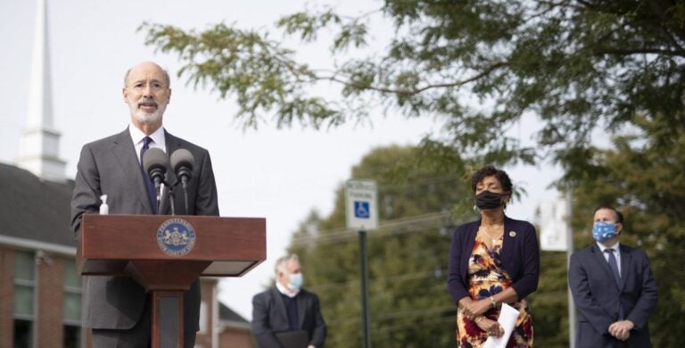 Pennsylvania Governor Tom Wolf speaking to the press outside York Grace Brethren Church in York, on Tuesday, Sept. 15. Wolf was urging immediate legislative action on voting rules ahead of the presidential election Nov. 3. (Commonwealth Media Services)