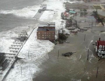 Water from Absecon Inlet washes over the north end of Atlantic City during Superstorm Sandy in 2012. (Courtesy of the Atlantic County Office of Emergency Management)