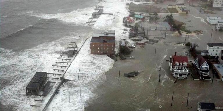 Water from Absecon Inlet washes over the north end of Atlantic City during Superstorm Sandy in 2012. (Courtesy of the Atlantic County Office of Emergency Management)