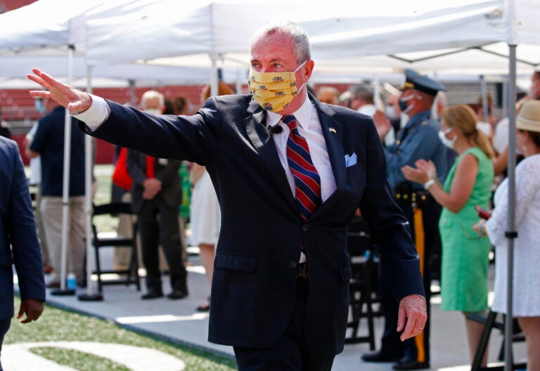 New Jersey Gov. Phil Murphy waves for the audience before his 2021 budget address at SHI Stadium at Rutgers University, Tuesday, Aug. 25, 2020, in Piscataway, NJ. (AP Photo/Noah K. Murray)