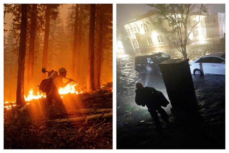 This combination of photos shows a firefighter at the North Complex Fire in Plumas National Forest, Calif., on Monday, Sept. 14, 2020, left, and a person using a flashlight on flooded streets in search of their vehicle, Wednesday, Sept. 16, 2020, in Pensacola, Fla. In the past week, swaths of the country have been burning and flooding in devastating extreme weather disasters. (AP Photo/Noah Berger, Gerald Herbert)