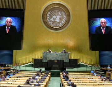 In this photo provided by the United Nations, Bob Loughman, prime minister of Vanuatu, speaks in a pre-recorded message which was played during the 75th session of the United Nations General Assembly, Saturday, Sept. 26, 2020, at U.N. headquarters. (Manuel Elias/UN Photo via AP)