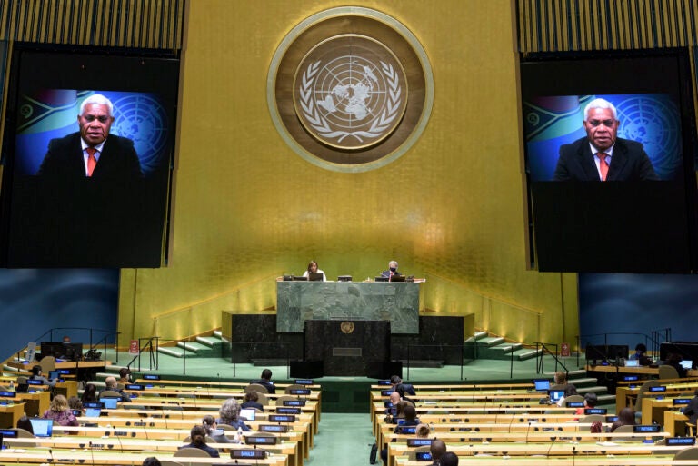 In this photo provided by the United Nations, Bob Loughman, prime minister of Vanuatu, speaks in a pre-recorded message which was played during the 75th session of the United Nations General Assembly, Saturday, Sept. 26, 2020, at U.N. headquarters. (Manuel Elias/UN Photo via AP)