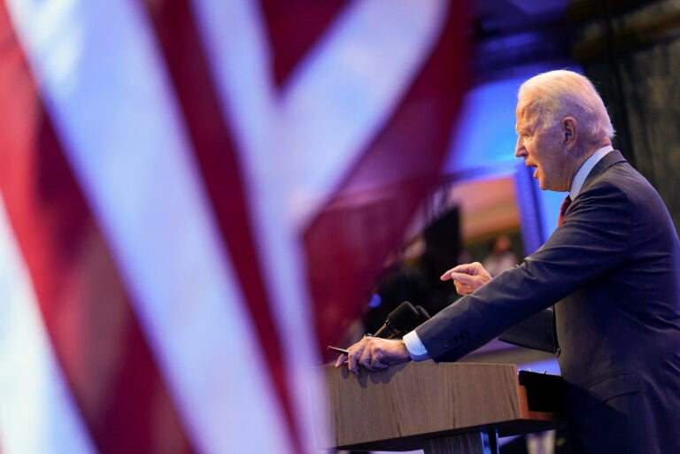 Democratic presidential candidate former Vice President Joe Biden gives a speech on the Supreme Court at The Queen Theater, Sunday, Sept. 27, 2020, in Wilmington, Del. (AP Photo/Andrew Harnik)