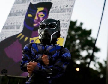 Mason Wilkes, 4, of South Carolina, poses for his father in a Black Panther costume, in front of a paining during a Chadwick Boseman Tribute on Thursday, Sept. 3, 2020, in Anderson, S.C. (AP Photo/Brynn Anderson)