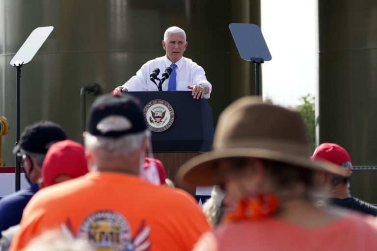 Vice President Mike Pence speaks at a campaign event at a PennEnergy Resources site on Wednesday Sept. 9. 2020, in Freedom, Pa. (Keith Srakocic / AP Photo)