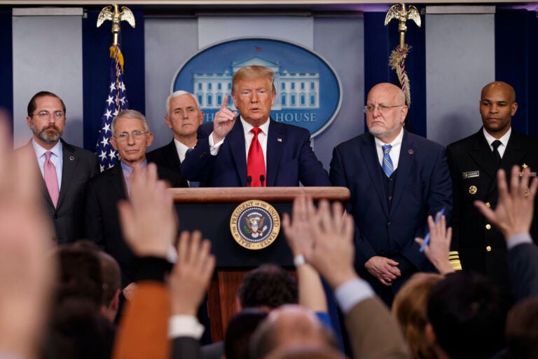Donald Trump, Mike Pence, Alex Azar, Anthony Fauci, Robert Redfield, Jerome Adams