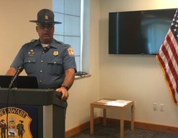 State Police Lt. Robert Jones talks about the largest fentanyl seizure in Delaware history at a press conference inside State Police Troop #2 in Glasgow. (Mark Eichmann/WHYY)