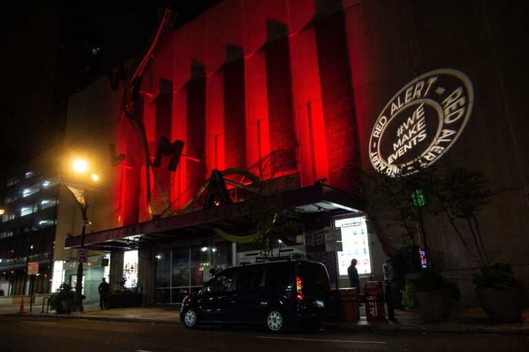 The Wilma Theater in Philadelphia lit up red for industry professionals out of work due to the pandemic. (Kimberly Paynter/WHYY)