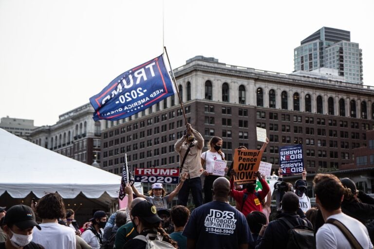 Trump supporters and protesters clashed on Independence Mall ahead of a visit from President Trump. (Kimberly Paynter/WHYY)