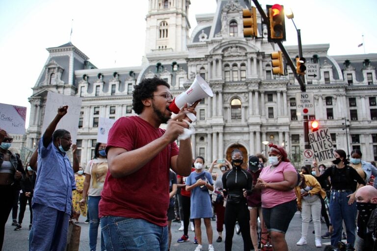 Protesters occupy Market Street in front of City Hall.