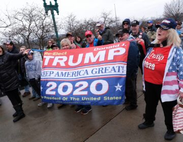 Visitors wait in line before a 2020 campaign rally for President Donald Trump on Dec. 10, 2019, at the Giant Center in Hershey, Pennsylvania. (Matt Smith for WITF/PA Post)