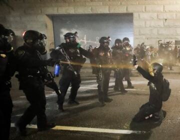 A demonstrator is pepper-sprayed July 30 shortly before being arrested during a Black Lives Matter protest