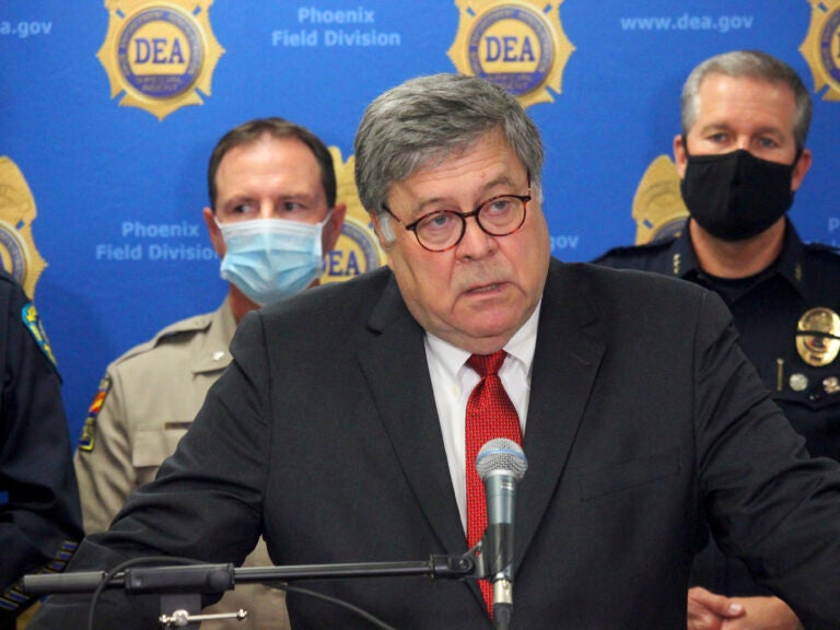 U.S. Attorney General William Barr, seen here in Phoenix on Sept. 10, called his colleagues at the Justice Department a “permanent bureaucracy” in a speech Wednesday. U.S. Attorney General William Barr, seen here in Phoenix on Sept. 10, called his colleagues at the Justice Department a
