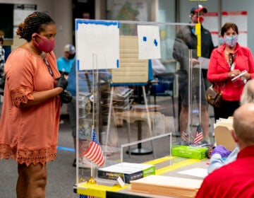 A voter waits to be handed her ballot