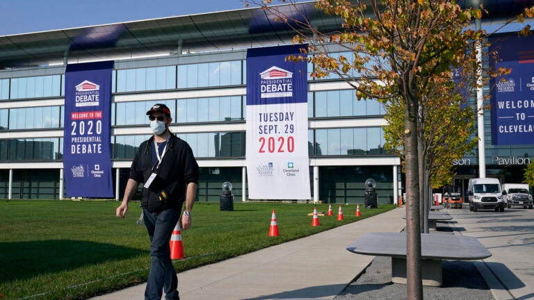 Preparations take place on Sunday outside the Sheila and Eric Samson Pavilion in Cleveland ahead of the first presidential debate, scheduled for Tuesday.