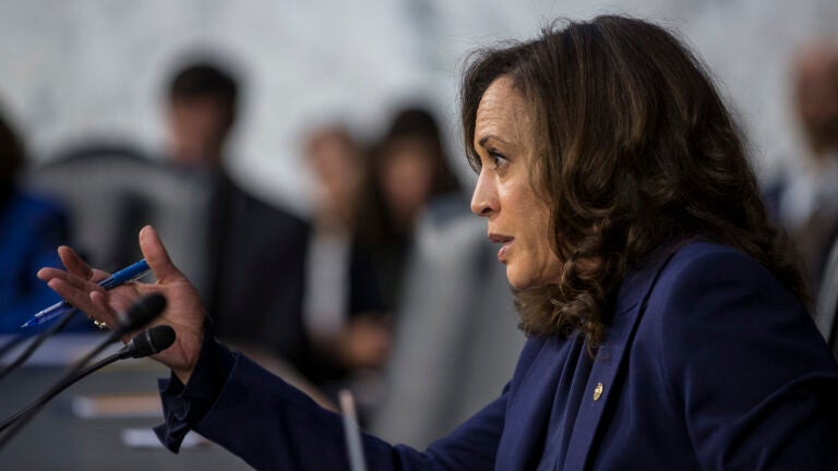 Sen. Kamala Harris, D-Calif., questions Supreme Court nominee Brett Kavanaugh during his 2018 confirmation hearing on Capitol Hill. That took place in the run-up to her presidential bid. Now, she'll face the spotlight as her party's vice presidential nominee. (Zach Gibson/Getty Images)