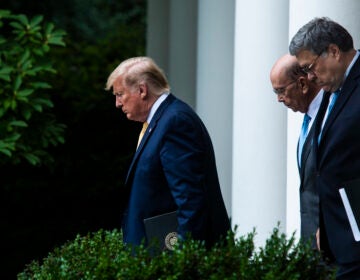 President Trump, Commerce Secretary Wilbur Ross (center) and U.S. Attorney General William Barr walk into the White House Rose Garden for a July 2019 press conference on the census. (Jabin Botsford/The Washington Post via Getty Images)