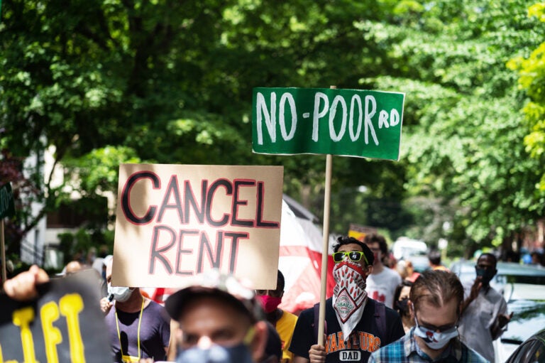 Demonstrators march for housing justice in the Old Town neighborhood in Chicago, IL on June 30, 2020, demanding a lift on the Illinois rent control ban and a cancellation of rent and mortgage payments during the COVID-19 pandemic. (Photo by Max Herman/NurPhoto via Getty Images)