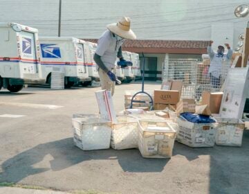Postal workers sort, load and deliver mail at a United States Postal Service location in Los Angeles, Calif. (KYLE GRILLOT/AFP via Getty Images)
