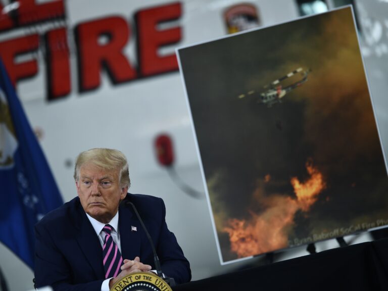 President Trump speaks Monday during a briefing on wildfires in McClellan Park, Calif.