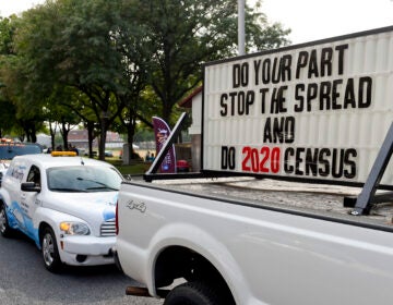 A sign on the back of a truck promotes 2020 census participation in Reading, Pa. A day after the Census Bureau announced a new 