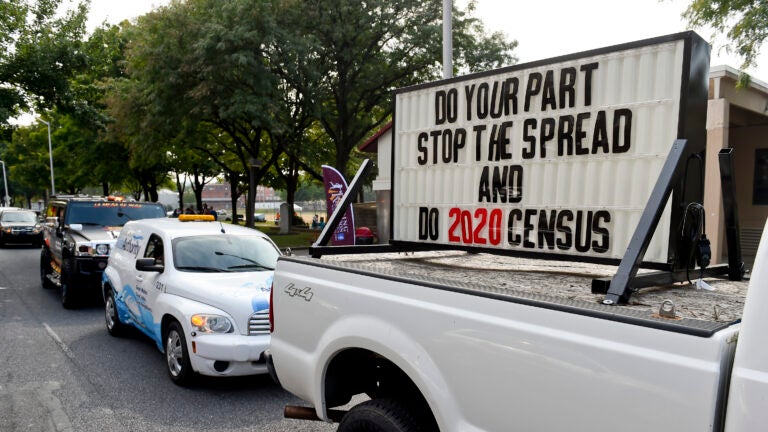 A sign on the back of a truck promotes 2020 census participation in Reading, Pa. A day after the Census Bureau announced a new 