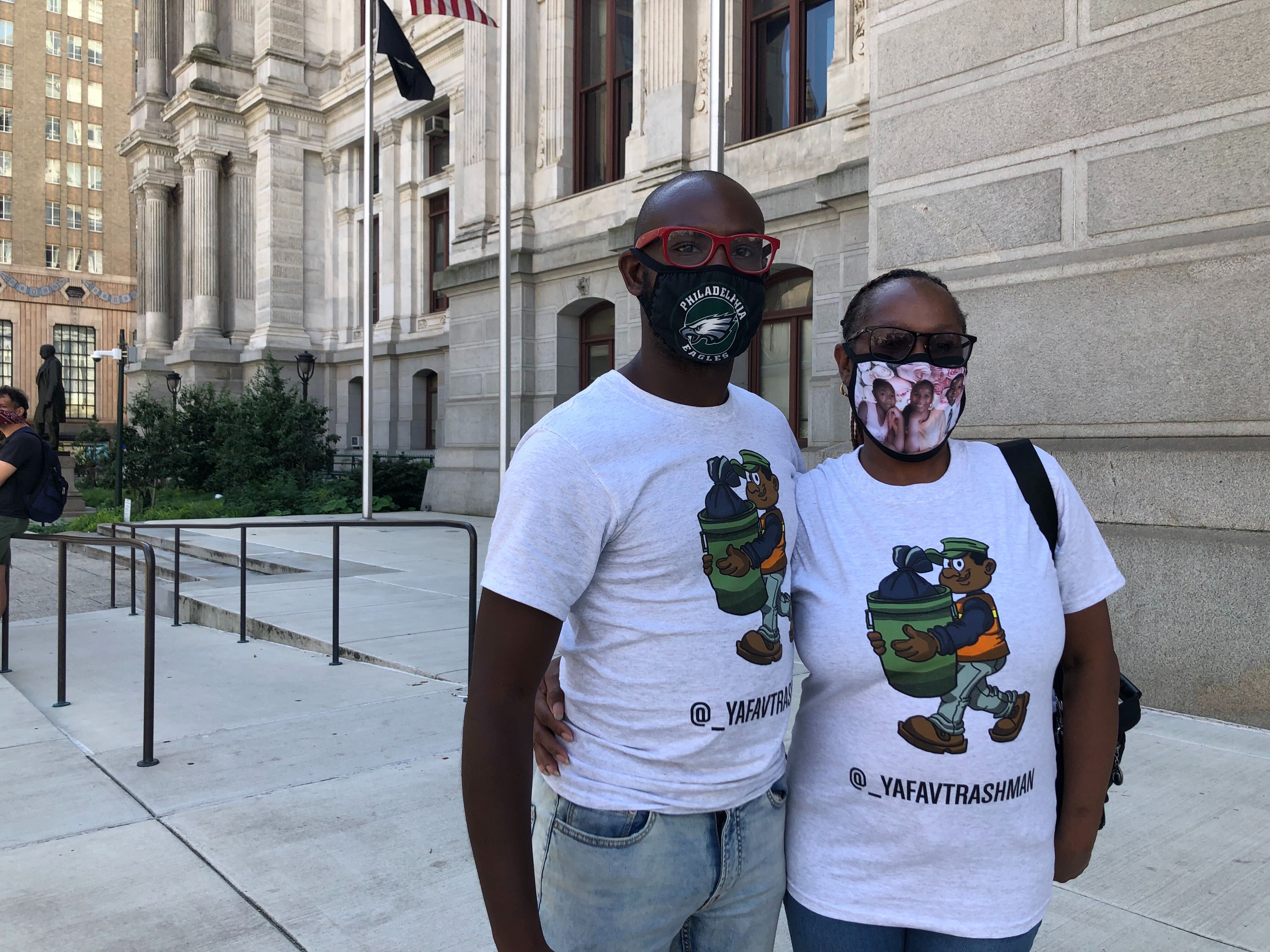 Terrill Haigler and his mother Jeanette in yafavtrashman shirts