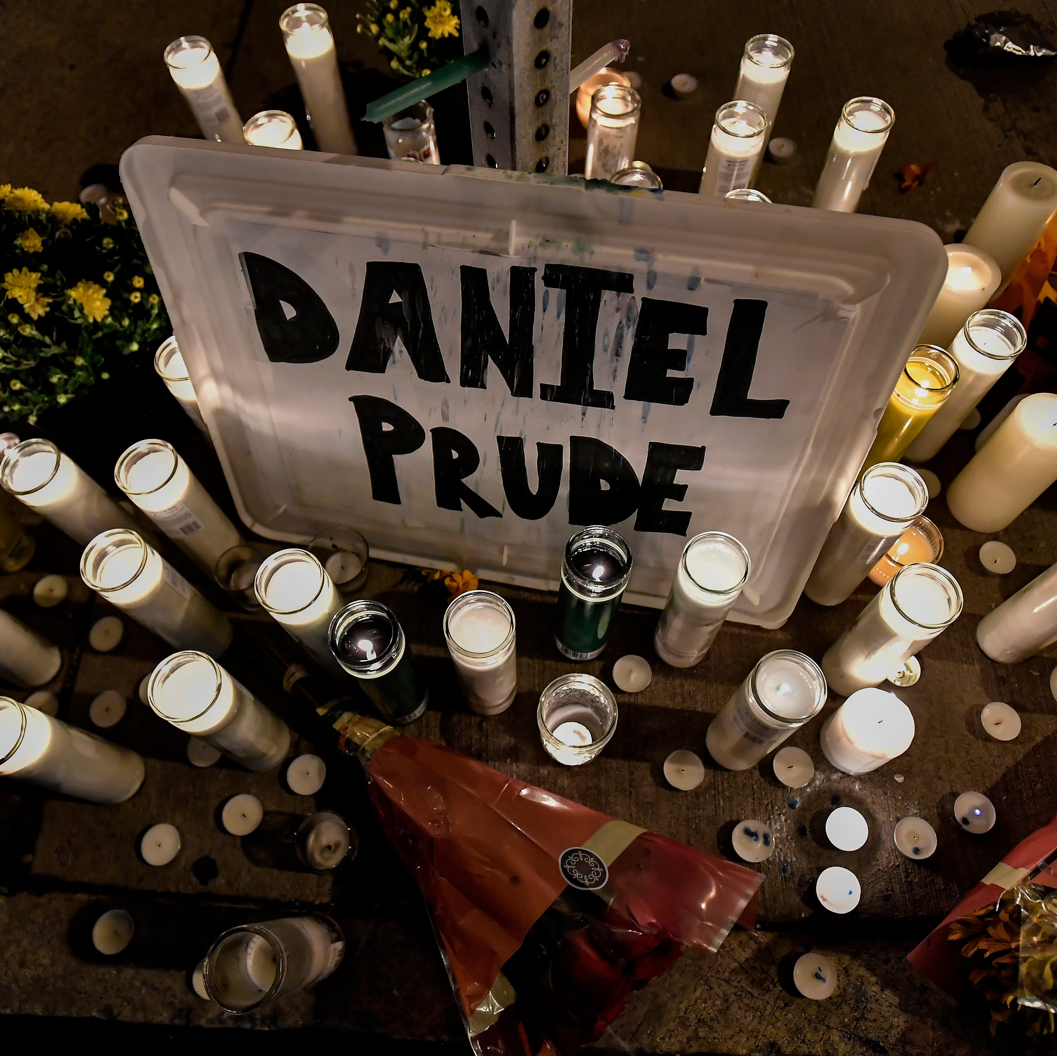 A makeshift memorial is seen in Rochester, N.Y., near the site where Daniel Prude was restrained by police officers.