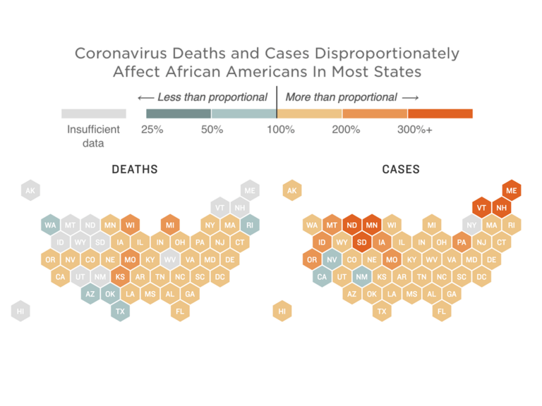 Map of disproportionate COVID-19 outcomes for African Americans