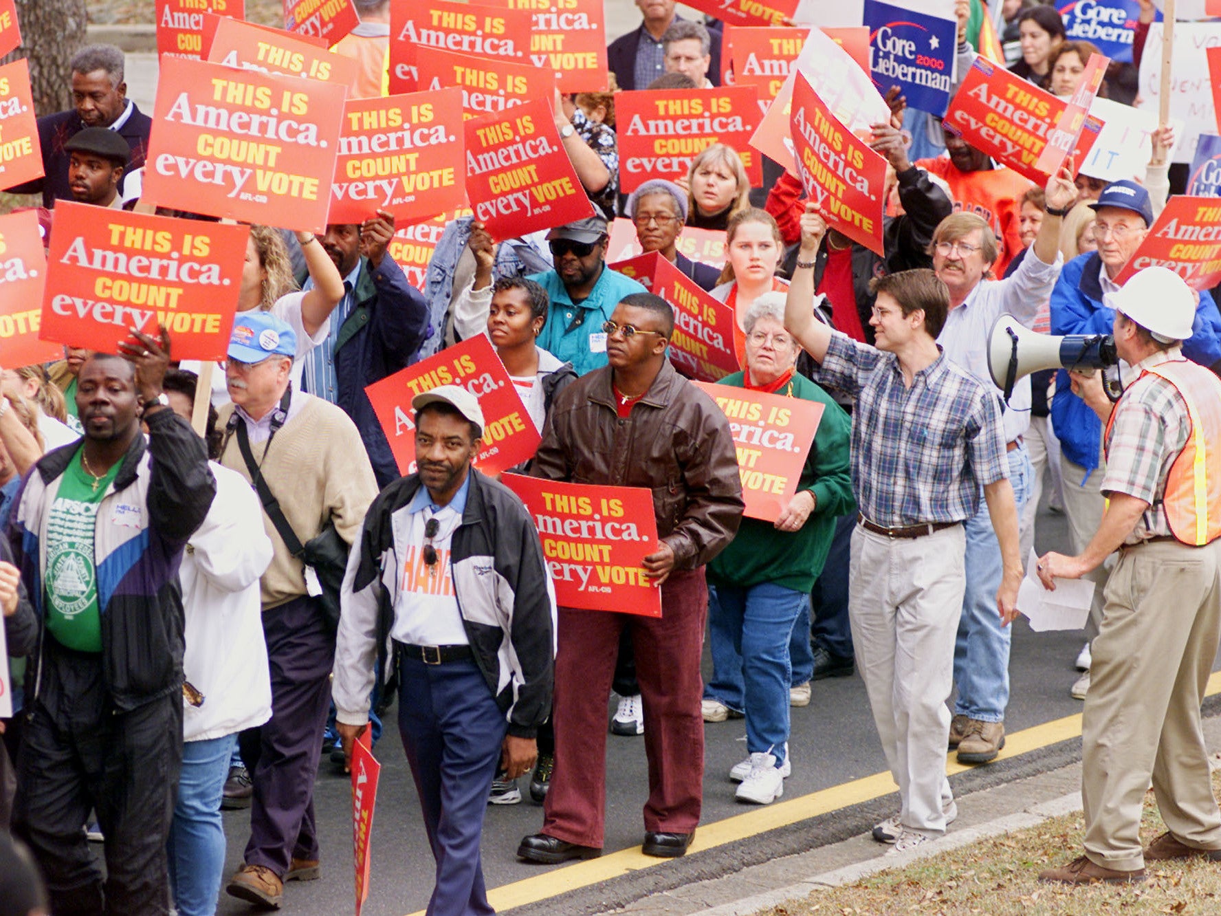 Demonstrators march to the Florida state Capitol in Tallahassee in December 2000 in support of Democratic nominee Al Gore and in protest of the U.S. Supreme Court decision stopping the manual vote recount in Florida.