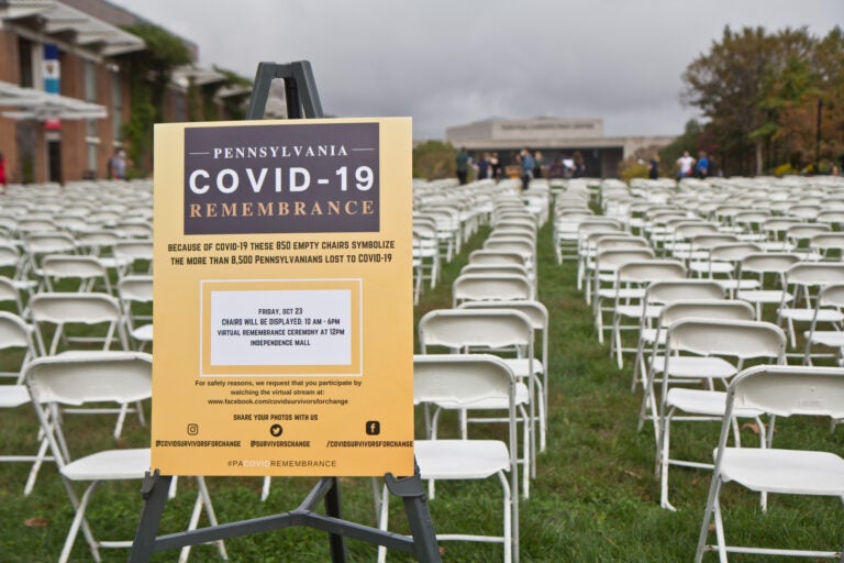 COVID Survivors for Change set up 866 chairs on Independence Mall in Philadelphia to represent the lives of over 8,660 Pennsylvanians lost to COVID-19. (Kimberly Paynter/WHYY)
