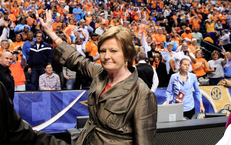 Tennessee head coach Pat Summitt waves to the fans after Tennessee defeated LSU 70-58 to win the NCAA college basketball championship game at the women's Southeastern Conference tournament on Sunday, March 4, 2012, in Nashville, Tenn. (AP Photo/Mark Humphrey)