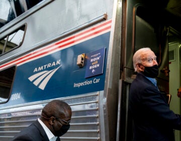 Democratic presidential candidate former Vice President Joe Biden boards his train at Amtrak's Pittsburgh Train Station, Wednesday, Sept. 30, 2020, in Pittsburgh. Biden is on a train tour through Ohio and Pennsylvania today. (AP Photo/Andrew Harnik)