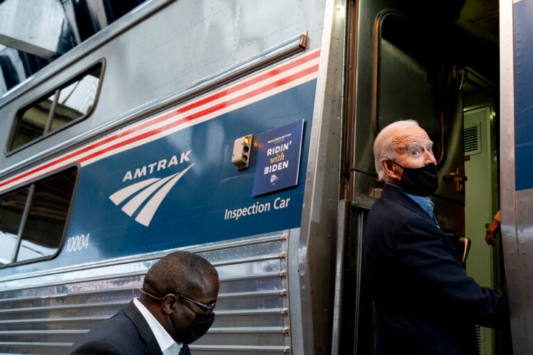 Democratic presidential candidate former Vice President Joe Biden boards his train at Amtrak's Pittsburgh Train Station, Wednesday, Sept. 30, 2020, in Pittsburgh. Biden is on a train tour through Ohio and Pennsylvania today. (AP Photo/Andrew Harnik)