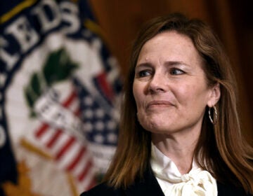 Judge Amy Coney Barrett, President Donald Trumps nominee for the US Supreme Court, looks on during a meeting with Senator Roger Wicker (R-MS) on Capitol Hill in Washington, October, 1, 2020. (Olivier Douliery/Pool via AP)