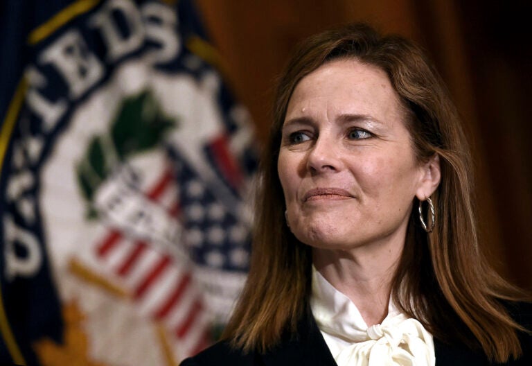 Judge Amy Coney Barrett, President Donald Trumps nominee for the US Supreme Court, looks on during a meeting with Senator Roger Wicker (R-MS) on Capitol Hill in Washington, October, 1, 2020. (Olivier Douliery/Pool via AP)
