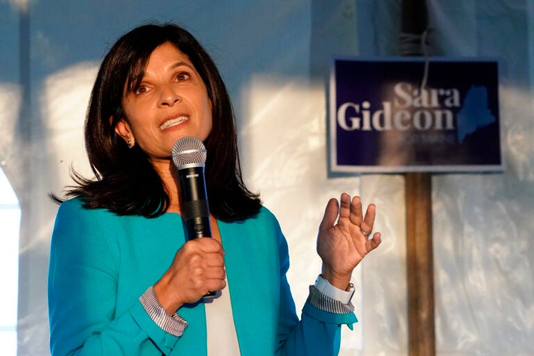 Sara Gideon, a Democratic candidate for U.S. Senate, speaks at a 