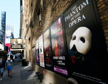 Broadway posters outside the Richard Rodgers Theatre in New York on May 13, 2020. (Photo by Evan Agostini/Invision/AP)