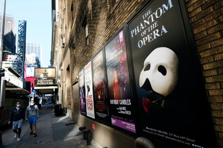 Broadway posters outside the Richard Rodgers Theatre in New York on May 13, 2020. (Photo by Evan Agostini/Invision/AP)