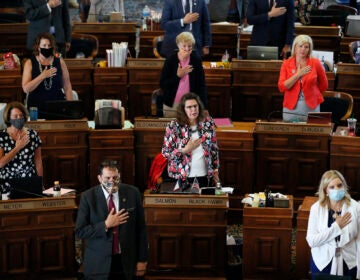 In this Wednesday, June 3, 2020 file photo, State Representatives stand at their desks during the Pledge of Allegiance in the Iowa House chambers, at the Statehouse in Des Moines, Iowa. (AP Photo/Charlie Neibergall)