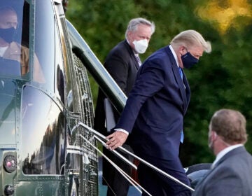 President Donald Trump arrives at Walter Reed National Military Medical Center, in Bethesda, Md., Friday, Oct. 2, 2020, on Marine One helicopter after he tested positive for COVID-19. (AP Photo/Jacquelyn Martin)