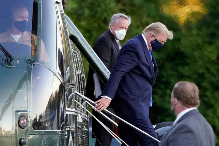 President Donald Trump arrives at Walter Reed National Military Medical Center, in Bethesda, Md., Friday, Oct. 2, 2020, on Marine One helicopter after he tested positive for COVID-19. (AP Photo/Jacquelyn Martin)