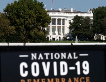 The White House is seen in the background as sign of the National COVID-19 Remembrance, event at The Ellipse outside of the White House, Sunday, Oct. 4, 2020, in Washington. (AP Photo/Jose Luis Magana)