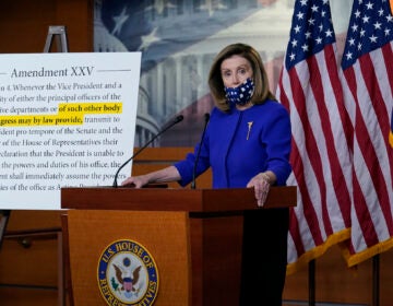 Speaker of the House Nancy Pelosi, D-Calif., questions President Donald Trump's fitness to serve following his hospitalization for COVID-19, during a news conference at the Capitol in Washington, Friday, Oct. 9, 2020. (AP Photo/J. Scott Applewhite)